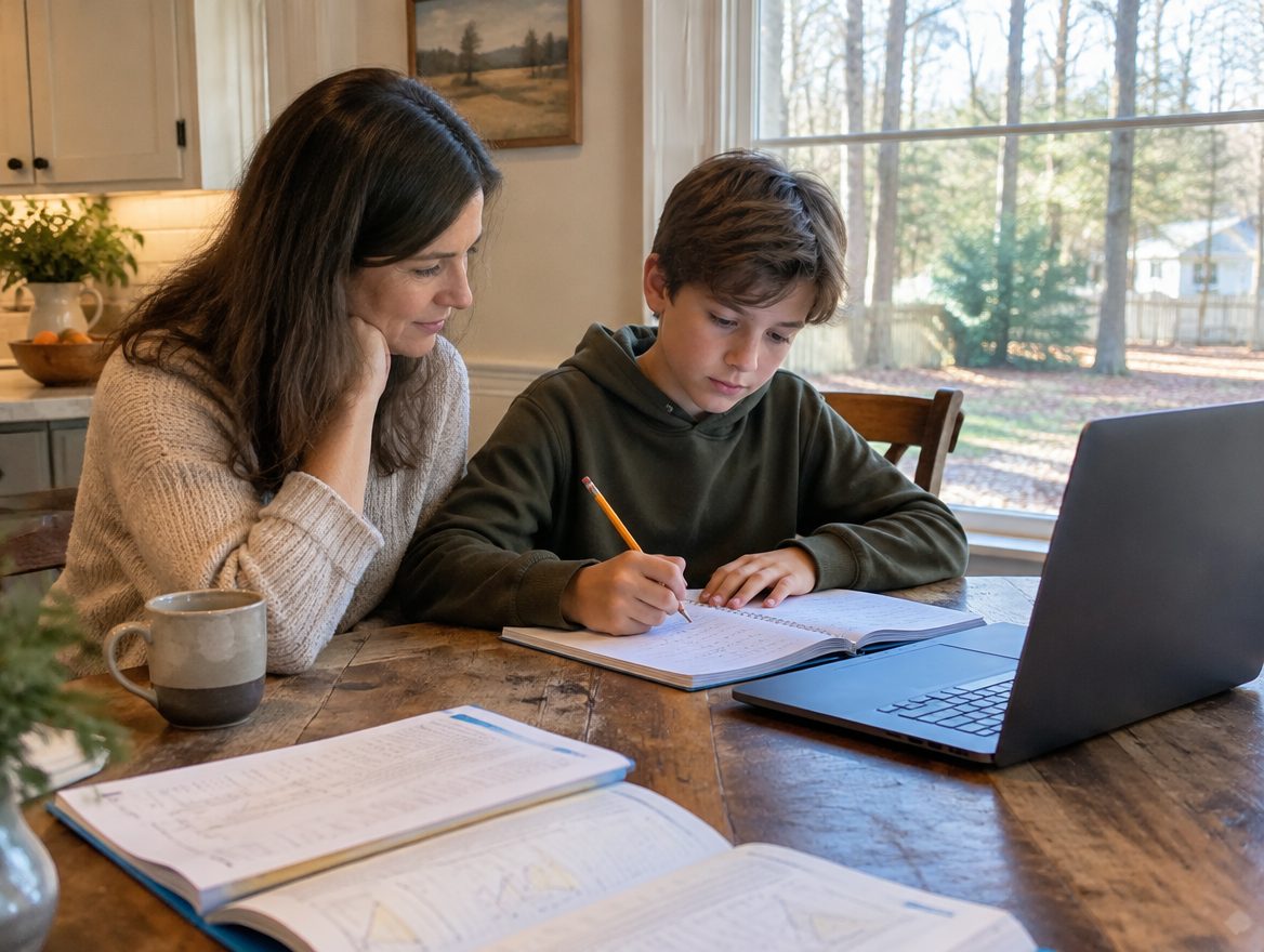 Mother and son doing a homeschool lesson at the kitchen table
